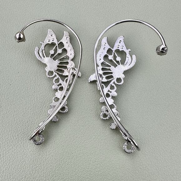 Silver Tone Butterfly Ear Cuffs Climber Hooks Rhinestone Fairycore Whimsical - Picture 4 of 5